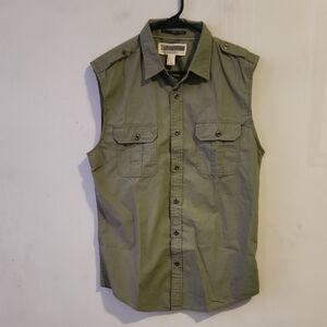 21men Olive Sleeveless Button Down Shirt